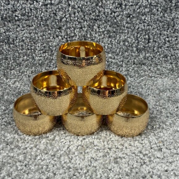 Gold Tone Metal Band Napkin Rings Set of 6 Textured Design Kitchen Dining Use - Picture 8 of 12